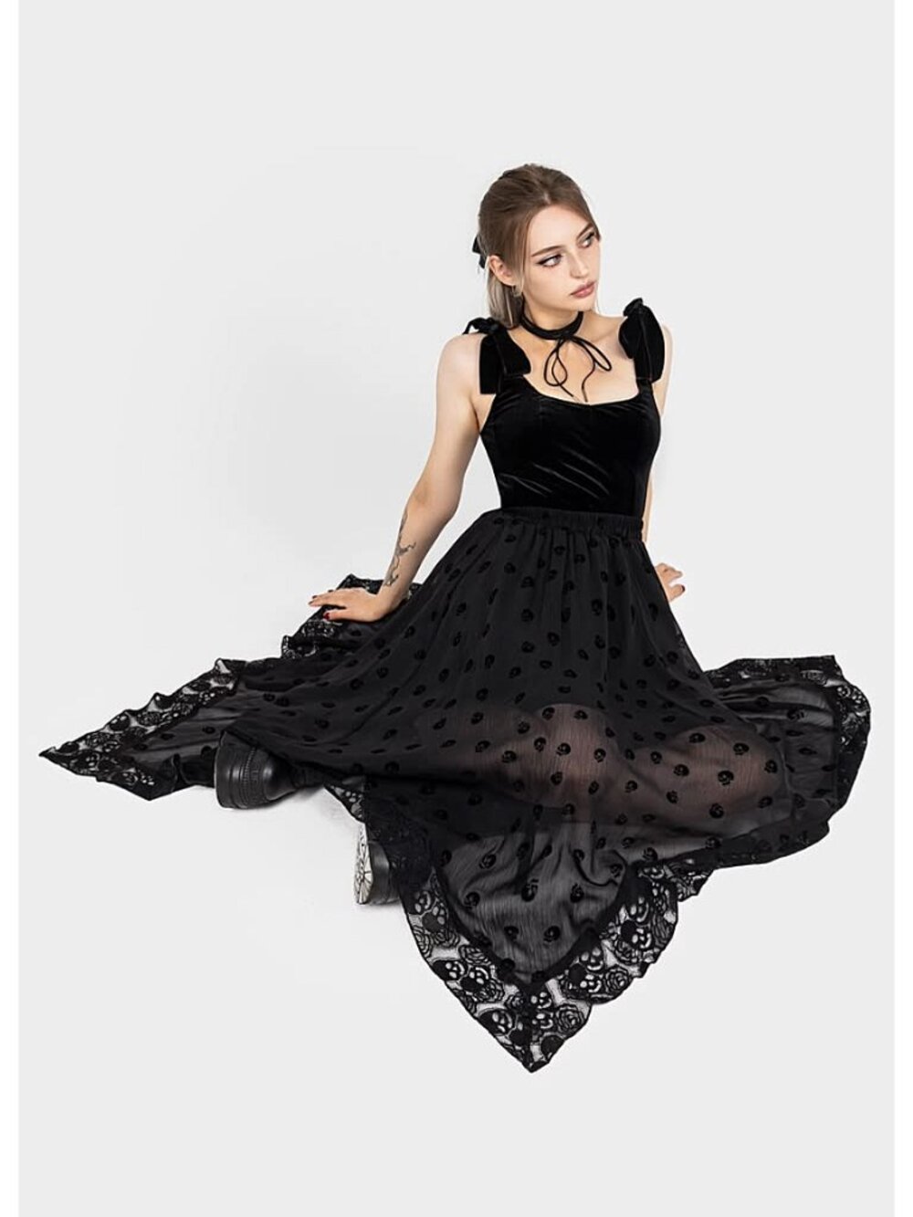DISTURBIA Bones flocked chiffon midaxi hankerchief hem skirt US16 - Picture 2 of 9